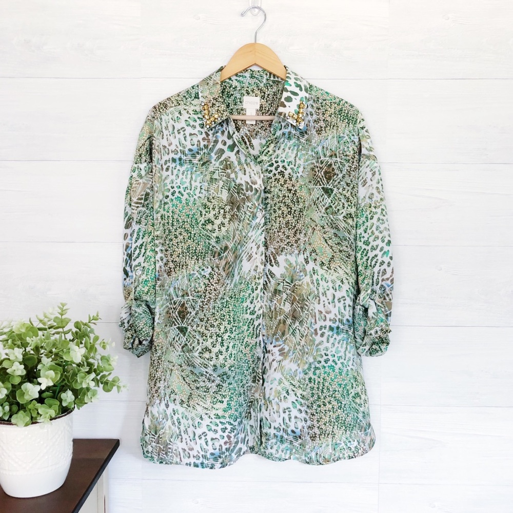 Chicos Green Brown Print Button Down Jewelry 682